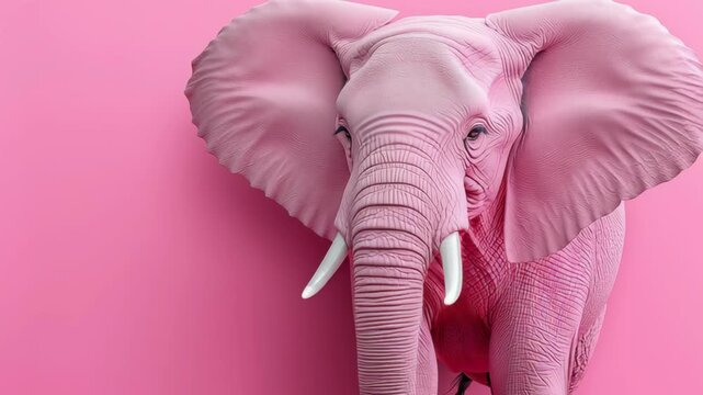 Pink elephant sculpture with intricate textures and details, gracefully positioned against a vibrant pink background, showcasing a playful and whimsical artistic expression in a continuous motion sequ