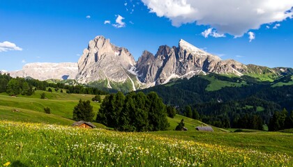 Fototapeta premium Vibrant wildflowers bloom in a lush green valley, nestled beneath towering, snow-capped mountains against a clear blue sky