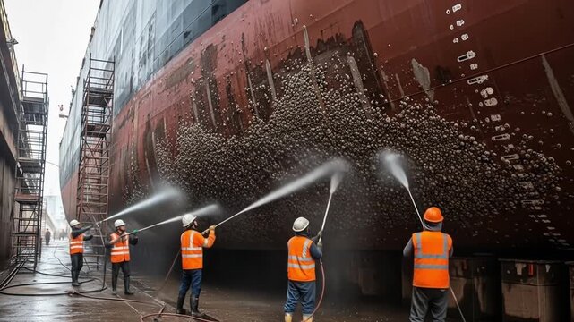 Shipyard workers cleaning marine growth from a ship&rsquo;s hull using high-pressure water &ndash; essential maintenance for vessel performance and maritime safety.