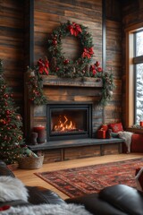 Cozy living room with lit fireplace and wreath on mantle. Home is decorated with Christmas trees and other festive decorations