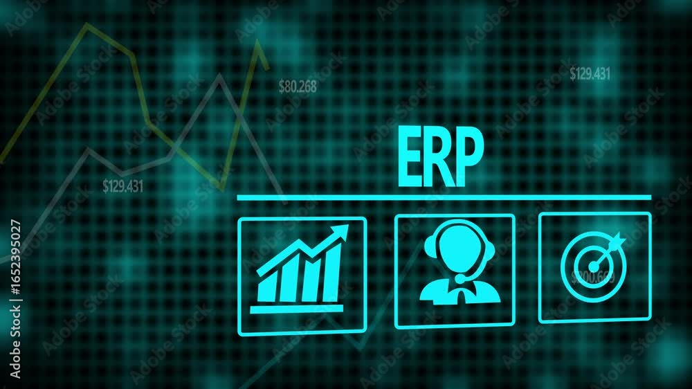 Aufkleber a erp business concept on a flashing computer monitor with moving graphs and data.