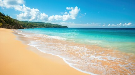 Fototapeta premium A beautiful coastal landscape with a golden sandy beach, turquoise waters, and clear blue skies.
