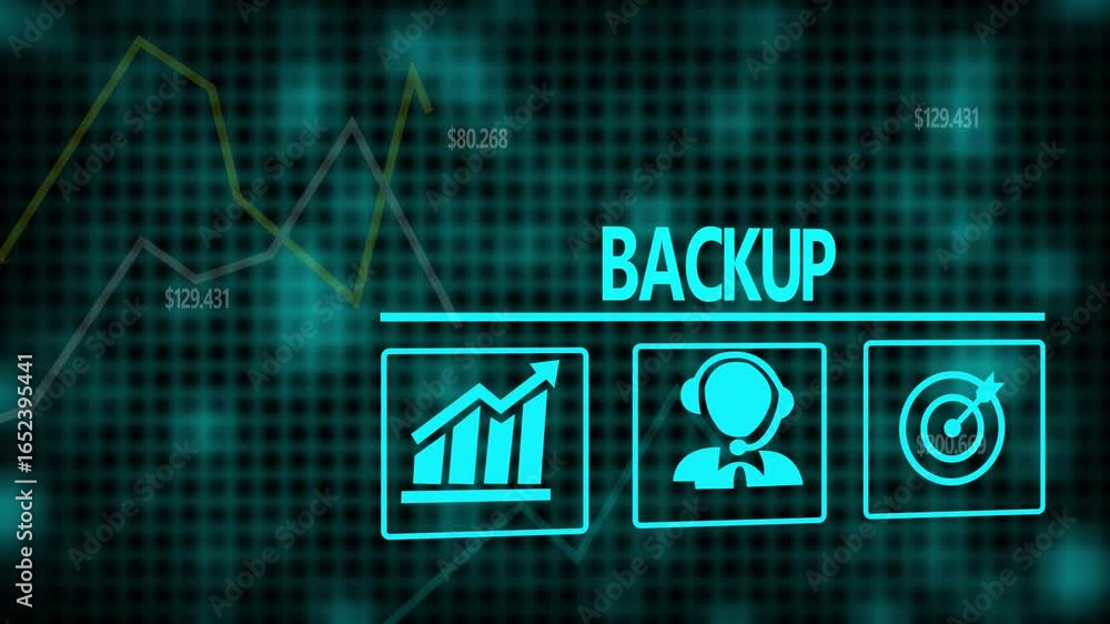 Poster backup business concept on a flashing computer monitor with moving graphs and data.