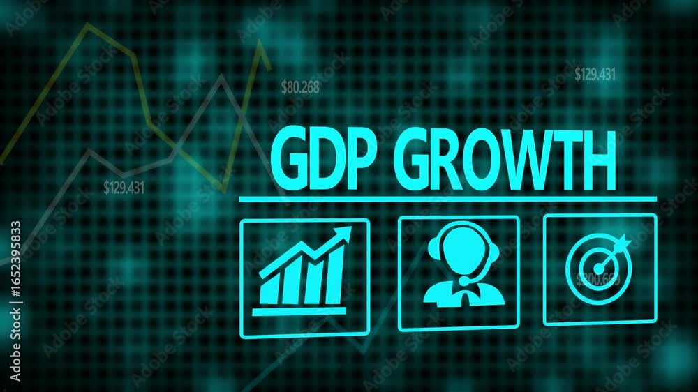 Aufkleber a gdp growth business concept on a flashing computer monitor with moving graphs and data.