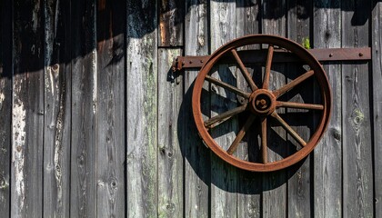 Rusty wagon wheel on weathered barn
