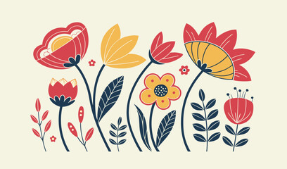A vibrant collection of abstract geometric flowers with bold petals, curvy leaves, and playful organic shapes in a flat retro-modern style.