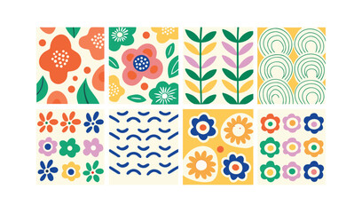 A vibrant collection of abstract geometric flowers with bold petals, curvy leaves, and playful organic shapes in a flat retro-modern style.
