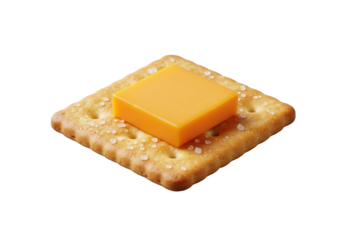 Single golden-brown saltine cracker with flaky salt and square cheddar cheese slice in sharp macro focus on a transparent studio background, no shadows, commercial product concept
