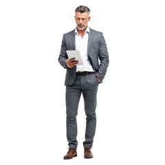 Business professional in stylish suit checking tablet for updates during work hours in modern office setting