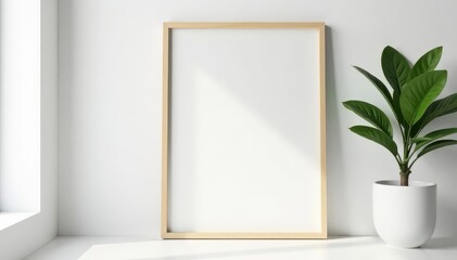 Simple white wooden photo frame against white wall Perfect for mockup , mockup, design
