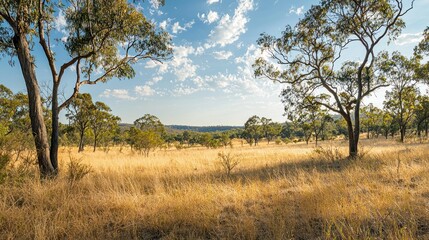 A classic Australian bushland landscape with dry grasses, shrubs, and eucalyptus trees.