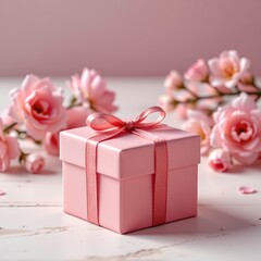 Fototapeta premium Photorealistic Gift Box Mockup with Spring Flowers Background