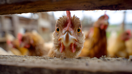 A close-up of a curious chicken peering through a wire fence, surrounded by other chickens in a farm setting. The vibrant feathers and bright eyes convey a sense of life and personality in the barn.