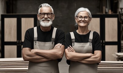 Smiling senior couple working together in carpentry workshop