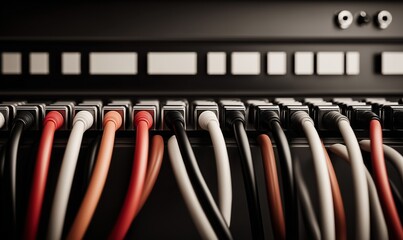 Network cables connected to server panel in data center