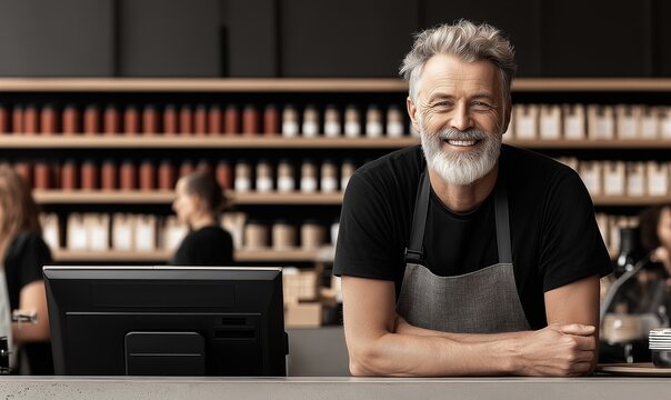 Smiling barista standing at counter in modern coffee shop - Powered by Adobe