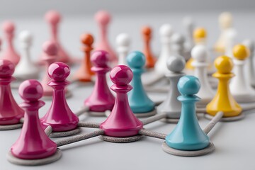 A visual of colorful pawns connected with strategic lines, representing collaboration and interconnectedness in a playful design.