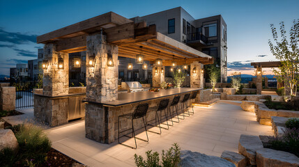 Obraz premium A beautifully designed outdoor kitchen glows under warm lights at dusk, featuring stone pillars, sleek countertops, and modern appliances. Barstools invite guests to gather in this inviting space.