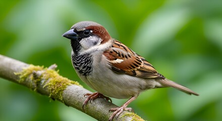 House Sparrow perched on a leafy branch