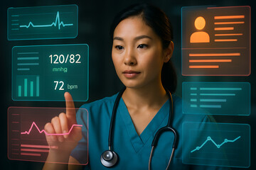 Asian doctor analyzing medical data on futuristic interface, healthcare technology concept