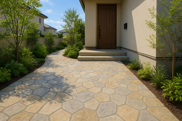 石貼りアプローチが映える落ち着いた住まいの玄関