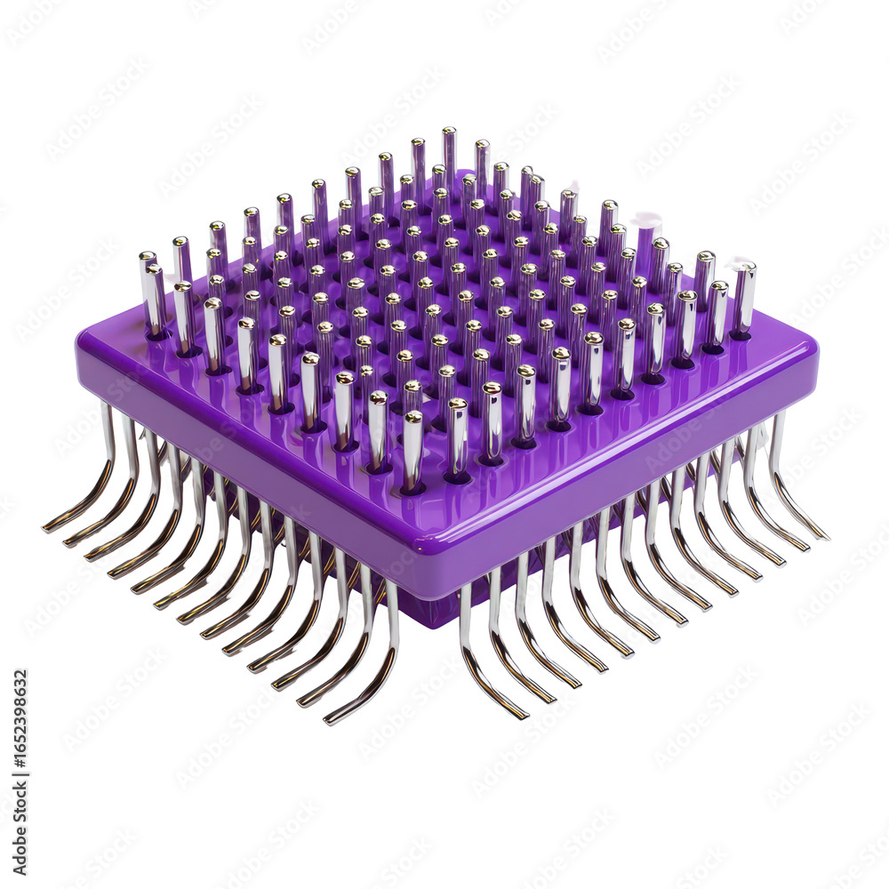 Poster purple heat sink with multiple metal pins used for cooling electronic components in various devices 