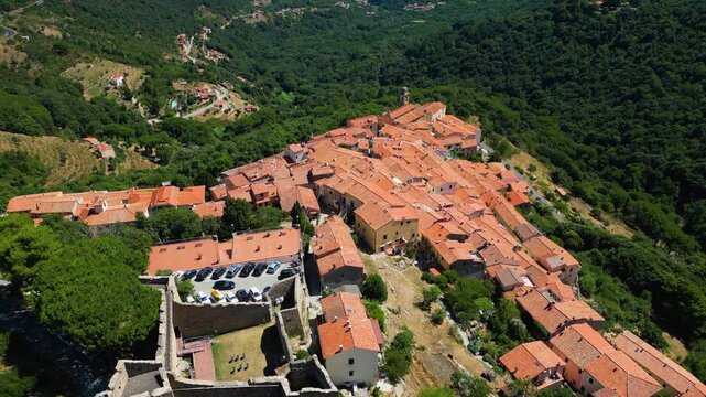 Aerial view of the town of Marciana, the Pisan Fortress, Elba Island, Livorno, Italy