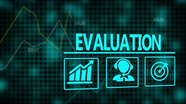 A Evaluation business concept on a flashing computer monitor with moving graphs and data.