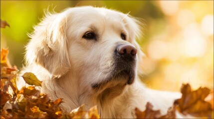 Golden Retriever amidst autumn leaves, showcasing a warm and friendly expression in natural light.
