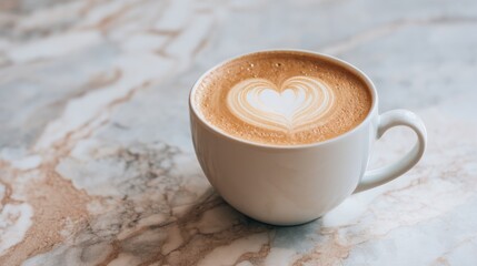 A cup of coffee with a delicate latte art heart, placed on a marble countertop.
