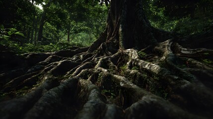 Close-up of ancient tree roots spreading across the forest floor, symbolizing strength, foundation, and resilience, perfect for eco concepts, fantasy artwork, and inspirational backgrounds.