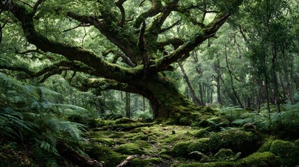 Obraz premium Ancient moss-covered tree with sprawling roots and branches in a lush green forest, creating a mystical and timeless atmosphere perfect for fantasy, eco concepts, and inspirational themes.