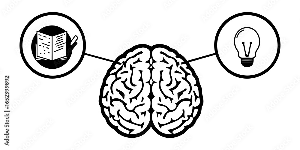 Poster a brain connected to a book and a light bulb representing learning and generating ideas in black and