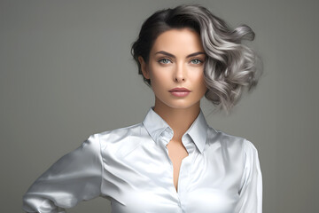 Fototapeta premium Woman with flowing hair wearing a silver blouse stands confidently against a neutral background in a portrait session