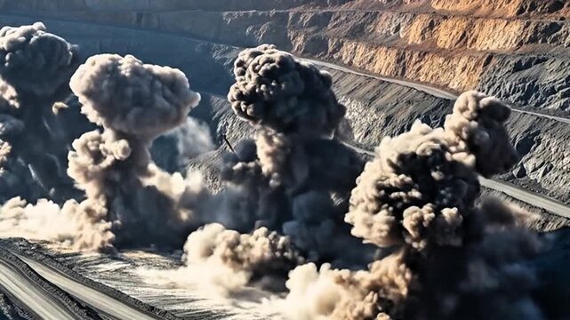 Illustration of mining blast process &ndash; powerful explosion using explosives to break rock, enabling efficient mineral extraction in open-pit mining operations.