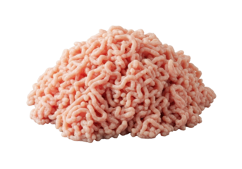 Precisely detailed pile of raw ground chicken, pale pink with red variations, moist, finely ground texture, isolated on transparent studio background. Commercial food product concept