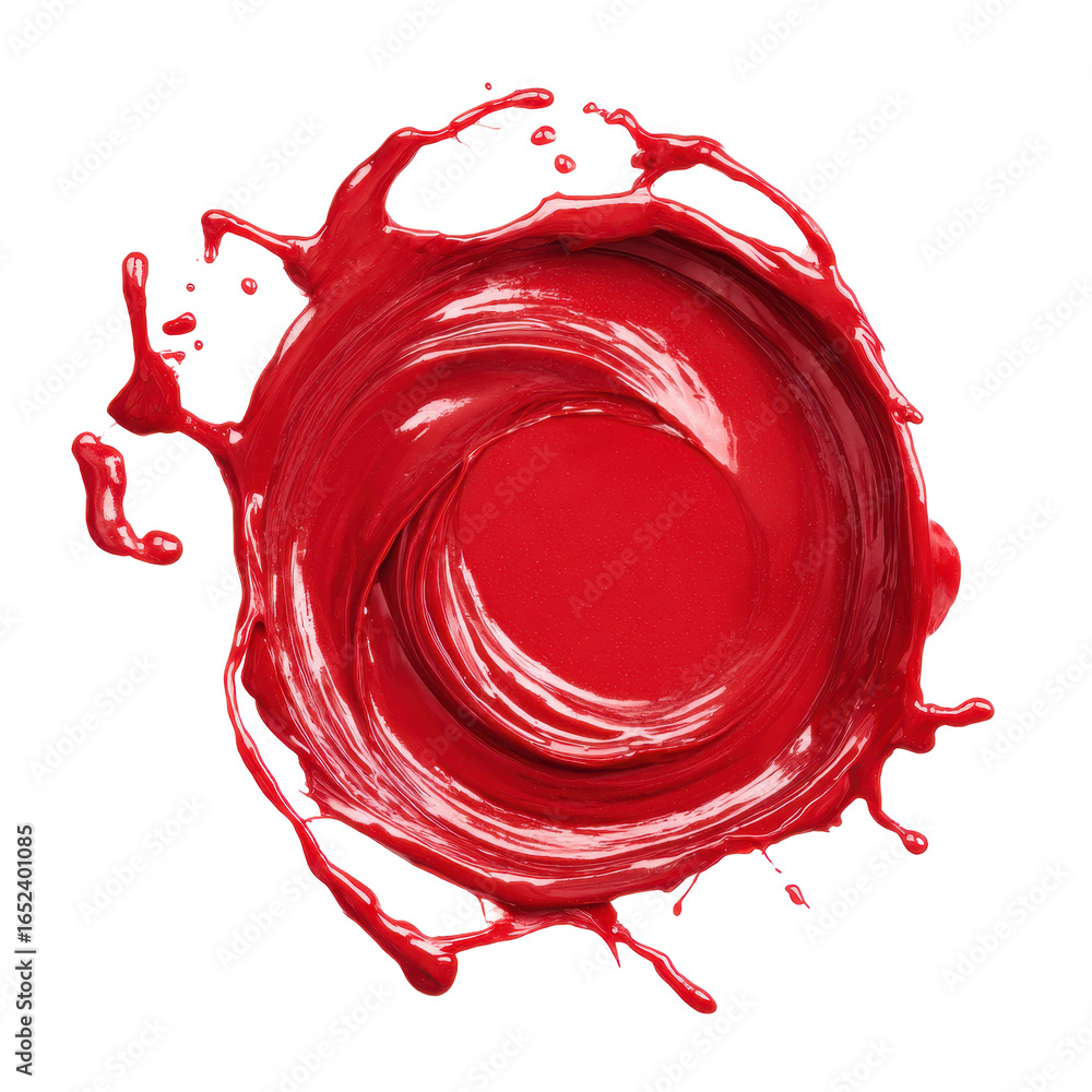 Poster vivid red paint swirl creating dynamic shapes and splashes on a white background, highlighting artis