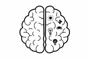 Stylized brain illustration with lightbulbs, sun, and other symbols on the right hemisphere "png"