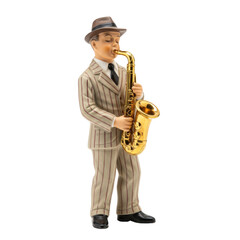 Vintage porcelain figurine of a jazz saxophonist in a striped suit with a brown fedora hat