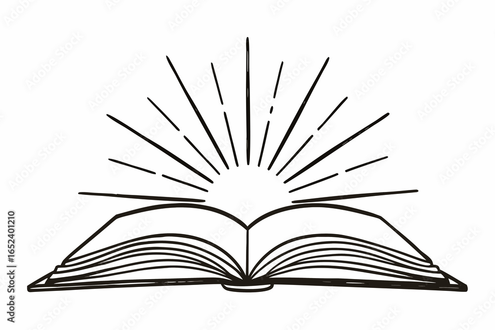 Poster a line drawing of an open book with lines radiating upwards from the center of the open pages of the