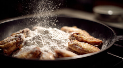 coating chicken wings in flour before frying