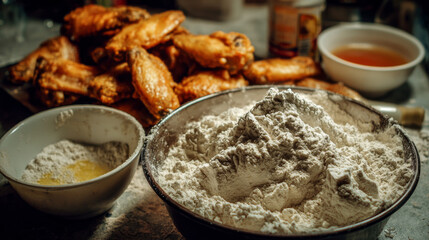 coating chicken wings in flour before frying