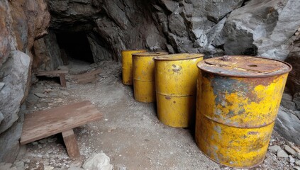 Photo of yellow metal barrels in an underground mine, the entrance to an old tunnel is visible on one side of them,