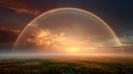 A breathtaking sunset scene with a vibrant rainbow arching across the sky. Soft clouds glow in warm hues, while a misty field stretches below, creating a serene landscape filled with natural beauty.