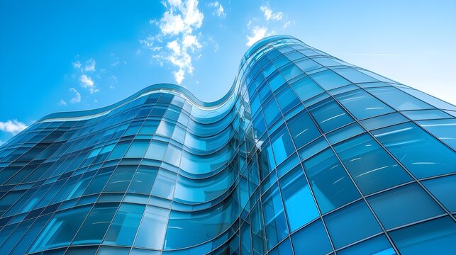 Modern skyscraper with reflective blue glass facade and curved design
