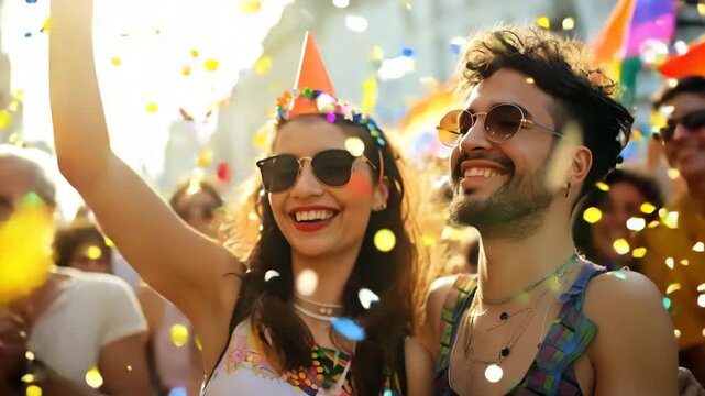 4K HDR Cinematic Slow-Motion Video of Friends Celebrating at Pride Parade &ndash; Golden Sunlight, Rainbow Flags, and Confetti for International Pride Day, Equality, and Premium Festival Stock Footage