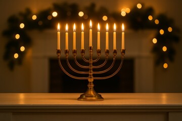 Brass menorah with all candles lit on white fireplace mantel, warm golden glow, elegant Jewish holiday symbol perfect for Hanukkah celebration, cultural tradition, and festive seasonal promotion