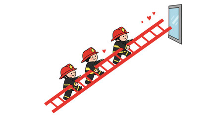 Cute Firefighters Climbing Ladder with Hearts Illustration