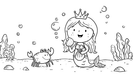 A charming outline of a mermaid wearing a crown, adorned with pearls, happily holds a seashell bag. Beside her, a playful fish smiles, and a crab shows curiosity, all surrounded by bubbly sea details.