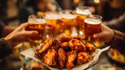 group of people clinking beer glasses over a plate of wings